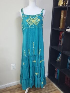 PAPILLON Turquoise Blue Lime Green Embrpidered Sleeveless Tiered Maxi Dress